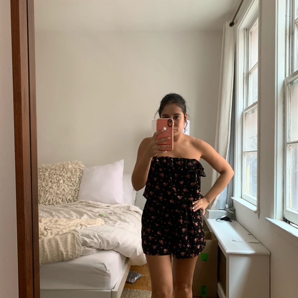 Black floral strapless romper